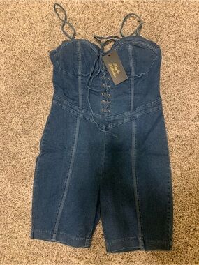 Dark Blue Denim Lace-Up Bustier Romper
